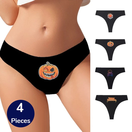 Halloween Gothic Seamless Thong Set - 4 Piece Women's Lingerie Collection