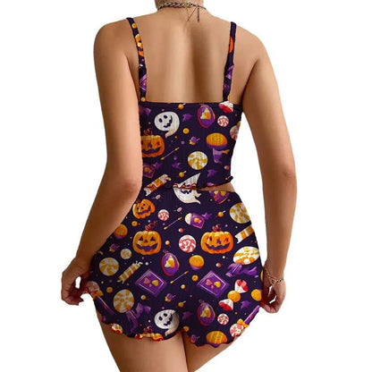 Women's Halloween Pumpkin Print Pajama Set - Ribbed Cami Crop Top & Shorts Y2K Loungewear
