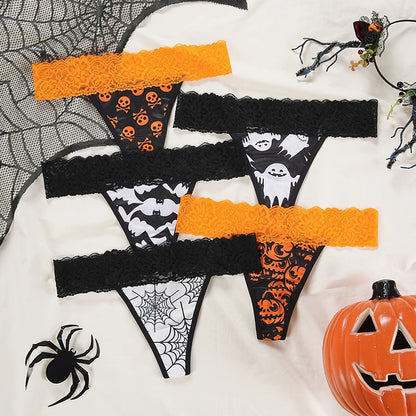 Halloween Lace Thong - Bat & Pumpkin Pattern Hip-Lifting Panties for Women