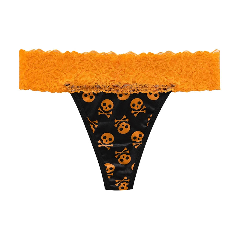 Halloween Lace Thong - Bat & Pumpkin Pattern Hip-Lifting Panties for Women