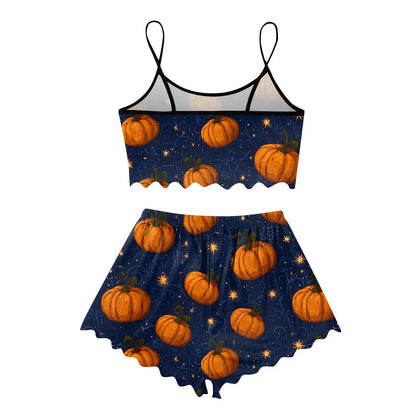 Women's Halloween Print Suspender Pajama Set - Sleeveless Shorts Loungewear