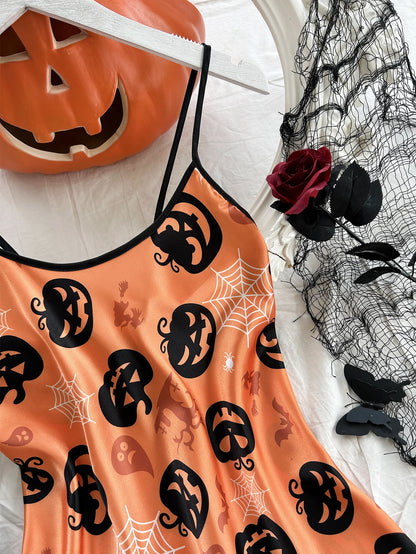 Halloween Halter Pajama Dress - Sexy Satin Sleepwear Nightgown for Women