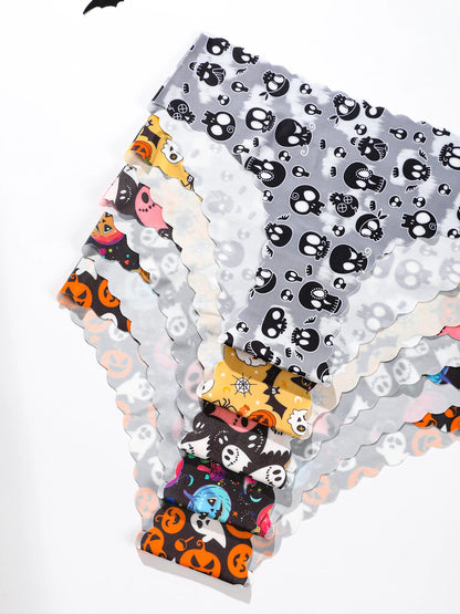Women's Halloween Panties Set - 10 Piece Pumpkin & Skull Print Scalloped Edge Bikini Underwear