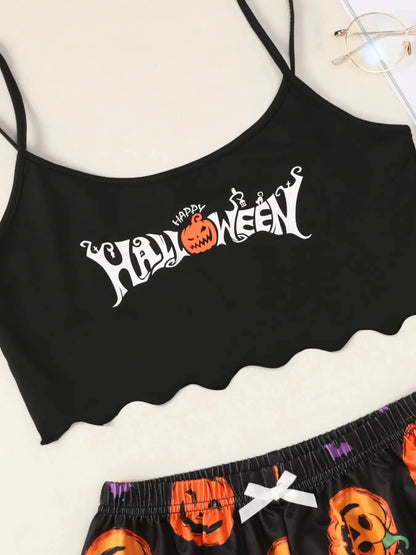 Women's Halloween Pumpkin Print Suspender Pajama Set - Sleeveless Top & Shorts Sleepwear