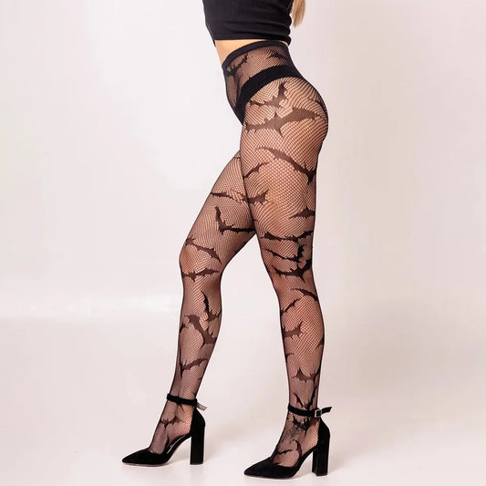 Halloween Bat Pattern Fishnet Tights - Gothic Punk Mesh Pantyhose for Women
