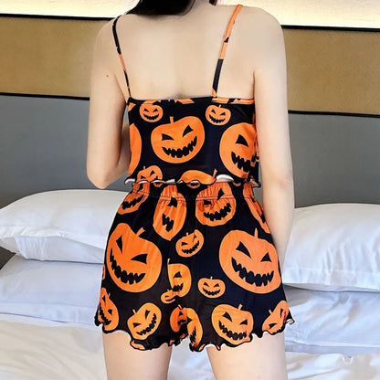 Sexy Halloween Pumpkin Print Pajama Set - 2 Piece Sleeveless Loungewear