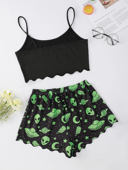 Women's Halloween Pumpkin Print Suspender Pajama Set - Sleeveless Top & Shorts Sleepwear