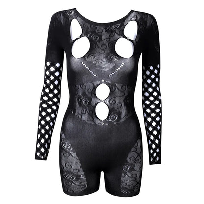 Sexy Sheer Mesh Bodysuit - Rhinestone Cut Out Jumpsuit with Long Sleeves | See-Through Shapewear
