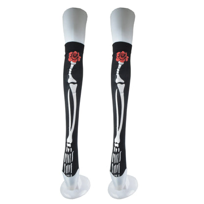 Halloween Skull Head Thigh High Socks - Gothic Bow Stockings for Women