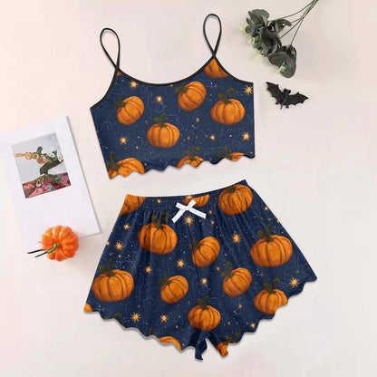 Women's Halloween Print Suspender Pajama Set - Sleeveless Shorts Loungewear