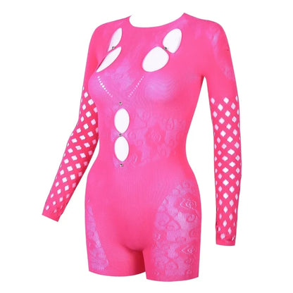 Sexy Sheer Mesh Bodysuit - Rhinestone Cut Out Jumpsuit with Long Sleeves | See-Through Shapewear
