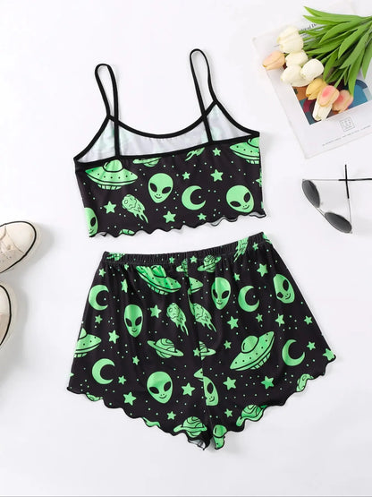 Women's Halloween Pumpkin Print Suspender Pajama Set - Sleeveless Top & Shorts Sleepwear