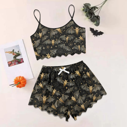 Women's Halloween Print Suspender Pajama Set - Sleeveless Shorts Loungewear