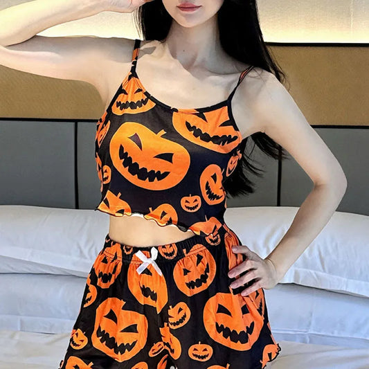 Sexy Halloween Pumpkin Print Pajama Set - 2 Piece Sleeveless Loungewear