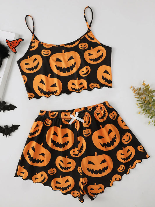 Women's Halloween Pumpkin Print Suspender Pajama Set - Sleeveless Top & Shorts Sleepwear