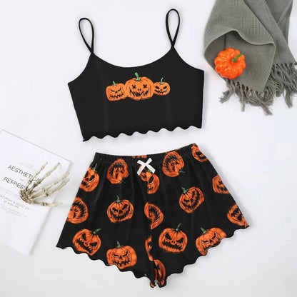 Women's Halloween Devil Pumpkin Print Pajama Set - Short Sleeve Top & Shorts Sleepwear