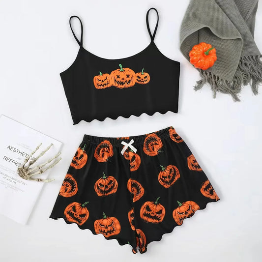 Women's Halloween Devil Pumpkin Print Pajama Set - Short Sleeve Top & Shorts Sleepwear