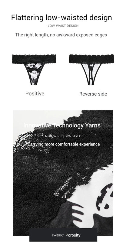 Halloween Lace Thong - Bat & Pumpkin Pattern Hip-Lifting Panties for Women