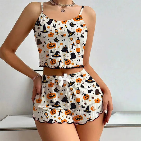 Women's Halloween Pumpkin Print Pajama Set - Ribbed Cami Crop Top & Shorts Y2K Loungewear