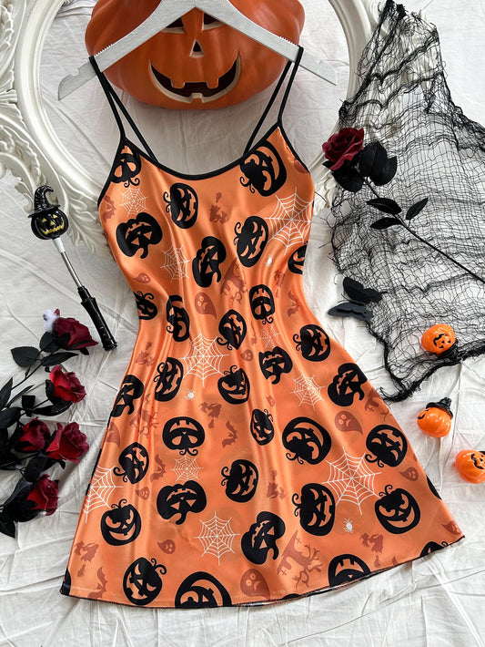 Halloween Halter Pajama Dress - Sexy Satin Sleepwear Nightgown for Women
