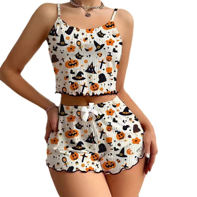 Women's Halloween Pumpkin Print Pajama Set - Ribbed Cami Crop Top & Shorts Y2K Loungewear