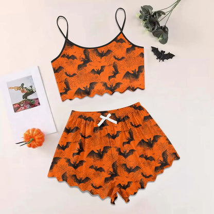 Women's Halloween Print Suspender Pajama Set - Sleeveless Shorts Loungewear