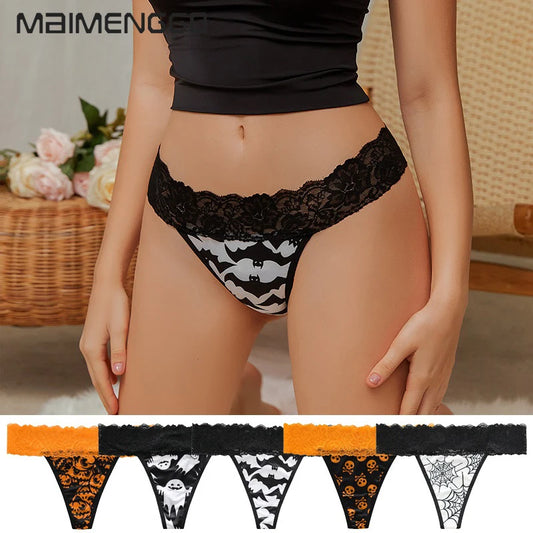 Halloween Lace Thong - Bat & Pumpkin Pattern Hip-Lifting Panties for Women