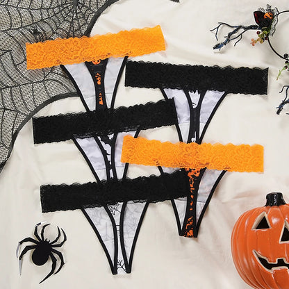 Halloween Lace Thong - Bat & Pumpkin Pattern Hip-Lifting Panties for Women