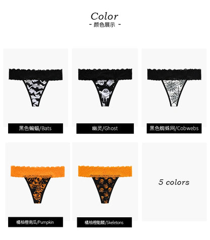 Halloween Lace Thong - Bat & Pumpkin Pattern Hip-Lifting Panties for Women