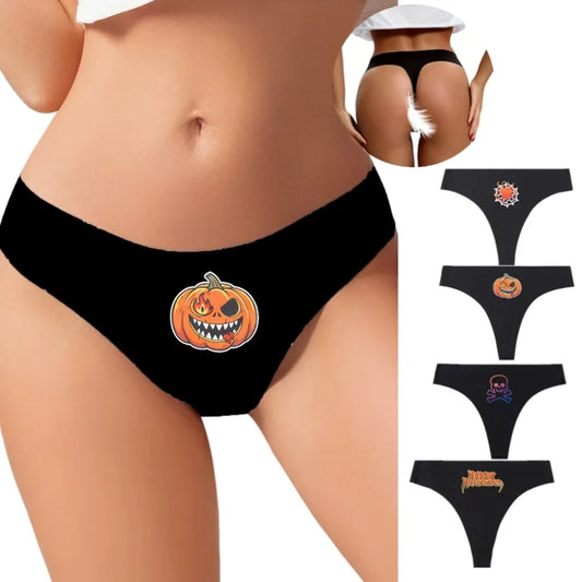 Women's Halloween Thong Panties - Sexy Pumpkin Print G-String Lingerie Breathable Soft Underwear