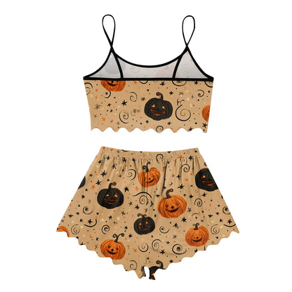 Women's Halloween Print Suspender Pajama Set - Sleeveless Shorts Loungewear
