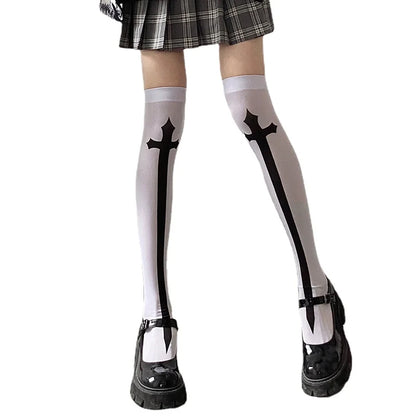 Halloween Skull Head Thigh High Socks - Gothic Bow Stockings for Women