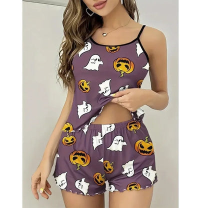 Women's Halloween Pumpkin Print Pajama Set - Ribbed Cami Crop Top & Shorts Y2K Loungewear
