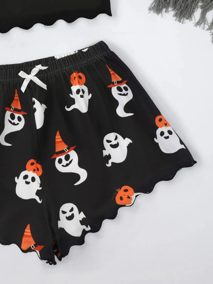 Women's Halloween Pumpkin Print Suspender Pajama Set - Sleeveless Top & Shorts Sleepwear