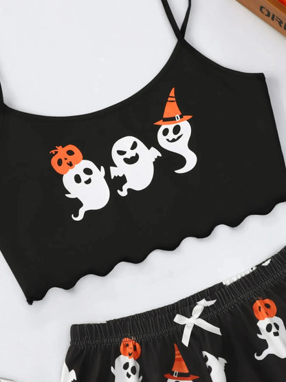 Women's Halloween Pumpkin Print Suspender Pajama Set - Sleeveless Top & Shorts Sleepwear