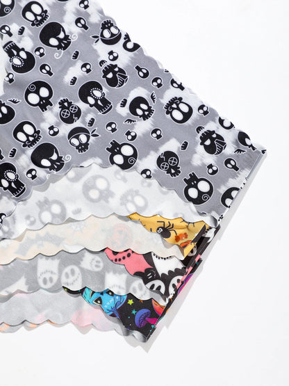 Women's Halloween Panties Set - 10 Piece Pumpkin & Skull Print Scalloped Edge Bikini Underwear