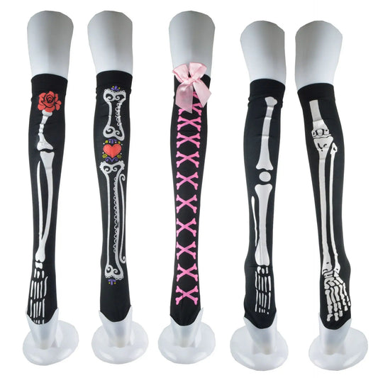 Halloween Skull Head Thigh High Socks - Gothic Bow Stockings for Women