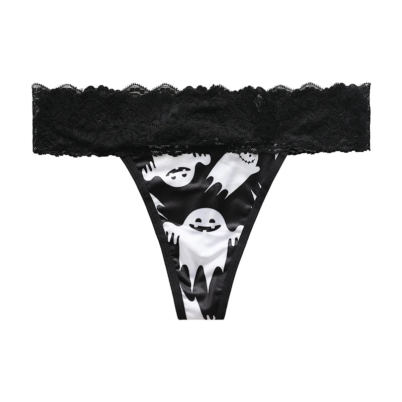 Halloween Lace Thong - Bat & Pumpkin Pattern Hip-Lifting Panties for Women