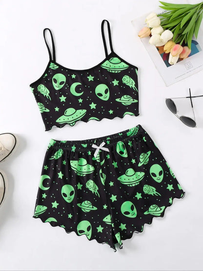 Women's Halloween Pumpkin Print Suspender Pajama Set - Sleeveless Top & Shorts Sleepwear