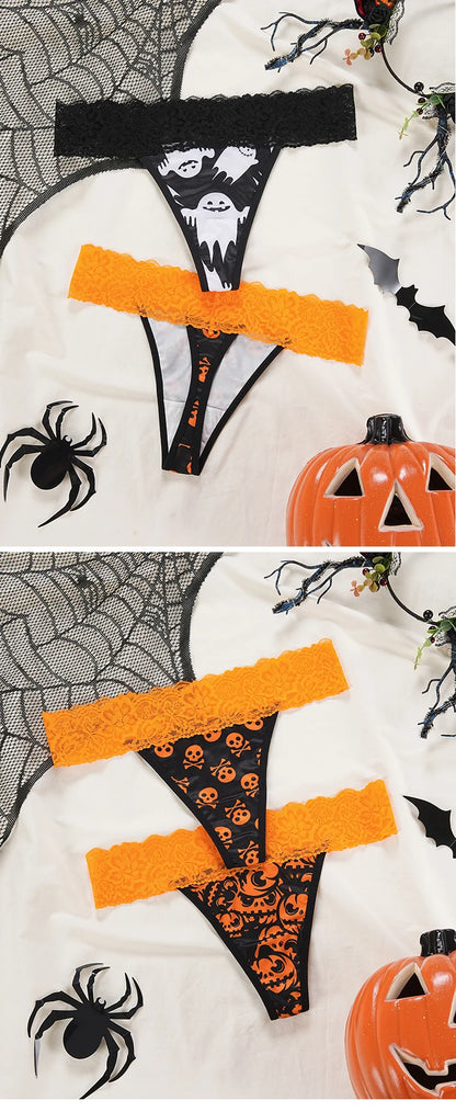 Halloween Lace Thong - Bat & Pumpkin Pattern Hip-Lifting Panties for Women