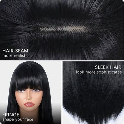 Stylish Synthetic Wig With Straight Hair, Non-toxic Wig, 26-inch Heat-resistant Long Black Hair, Bangs And Rose Net Hat, Suitable For The Whole Scene. Simifo