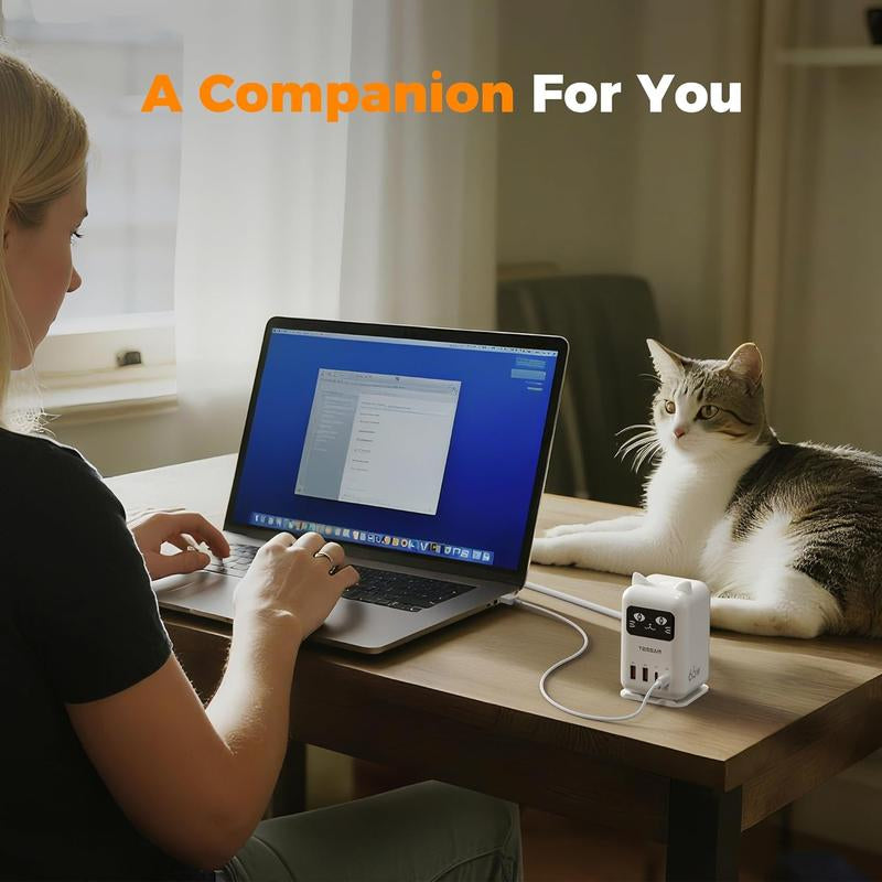 TESSAN Cute Charging Cat Design Charging Station, USB C Charger Block PD 65W, Desktop Tower Charger with 4 USB Ports for Iphone 17/16, Macbook, Tablet, Perfect for Sisters, Friends & Girlfriends! Ideal Gift for Christmas, New Year, Birthdays