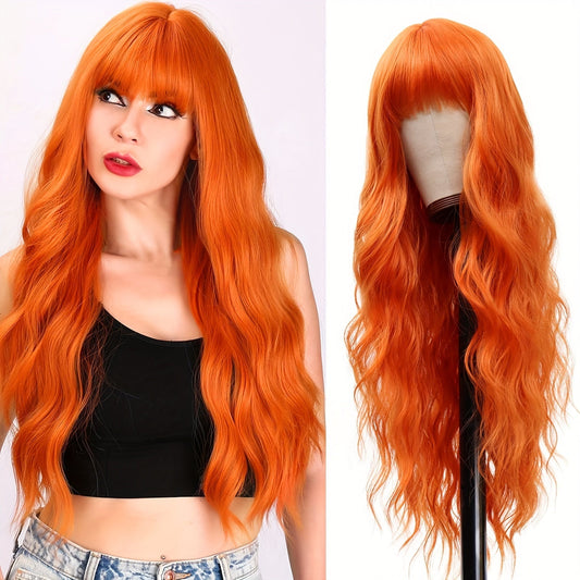 Elegant Long Orange Non-toxic Wig, Synthetic Wavy Hair Wig For Ladies, 28-inch Long Hair, Suitable For The Whole Scene Simifo