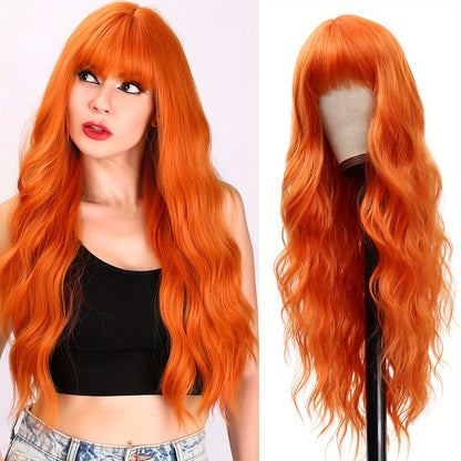 Elegant Long Orange Non-toxic Wig, Synthetic Wavy Hair Wig For Ladies, 28-inch Long Hair, Suitable For The Whole Scene Simifo