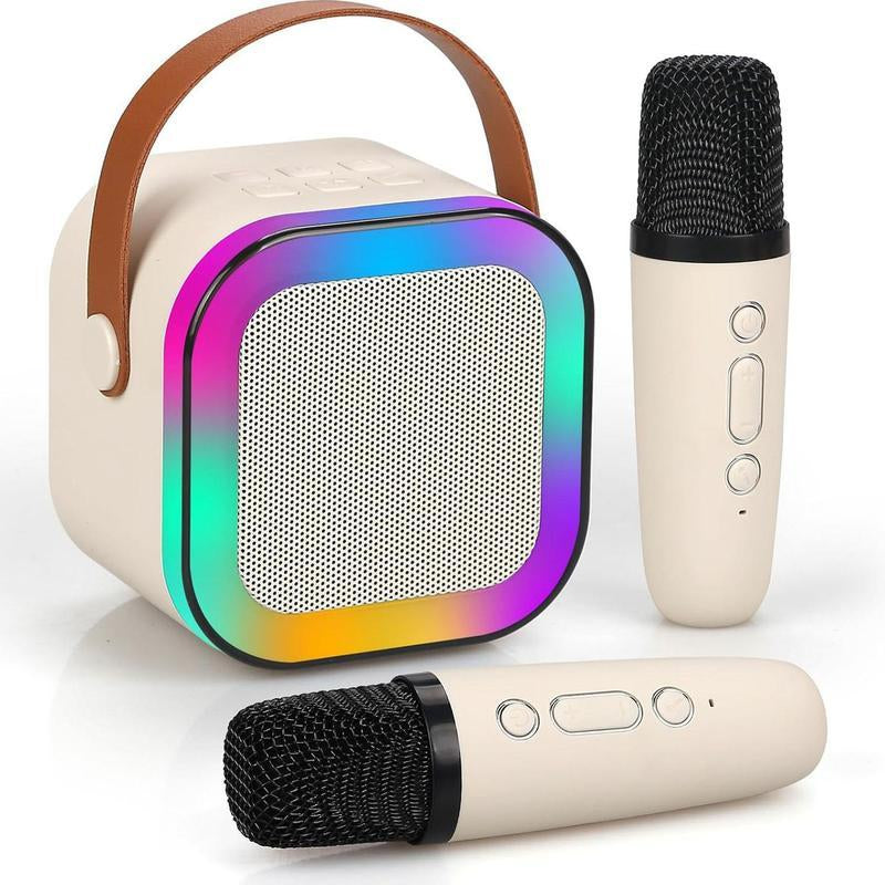 Fede Karaoke Machine for Kids & Adults Mini Bluetooth Speaker with 2 Wireless Microphones LED Lights & Voice Changer Effects Portable Karaoke Machine Toy for Boys Girls Beige