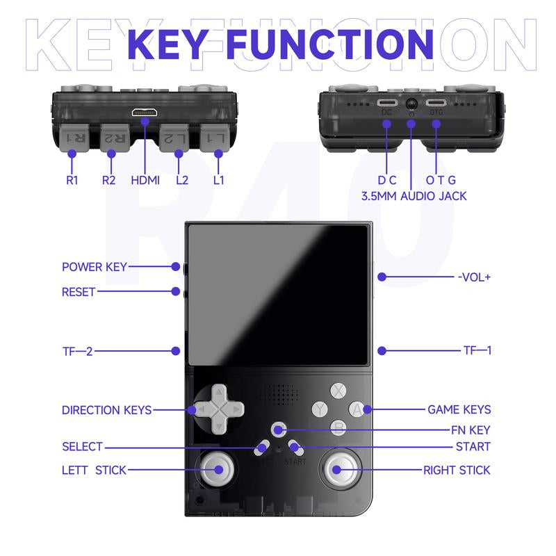 R40 Retro Handheld Gaming Console 3.5" IPS Screen 128GB Storage 40K+ Games Compact Design HDMI Output Bonus Charging Cable Black