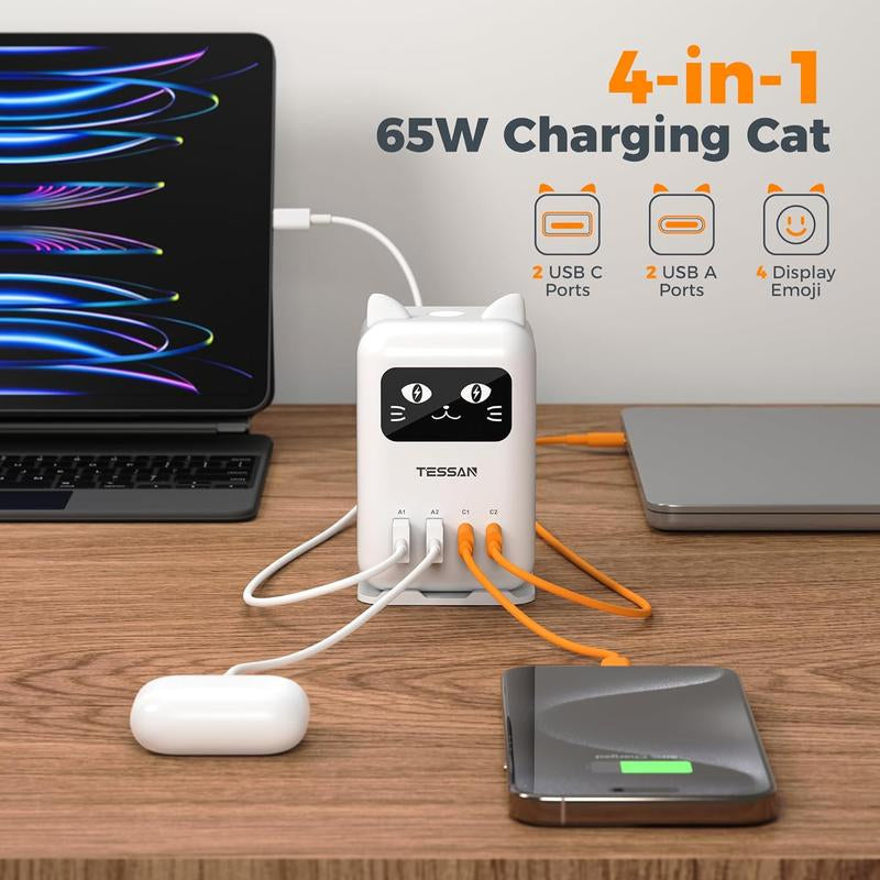 TESSAN Cute Charging Cat Design Charging Station, USB C Charger Block PD 65W, Desktop Tower Charger with 4 USB Ports for Iphone 17/16, Macbook, Tablet, Perfect for Sisters, Friends & Girlfriends! Ideal Gift for Christmas, New Year, Birthdays